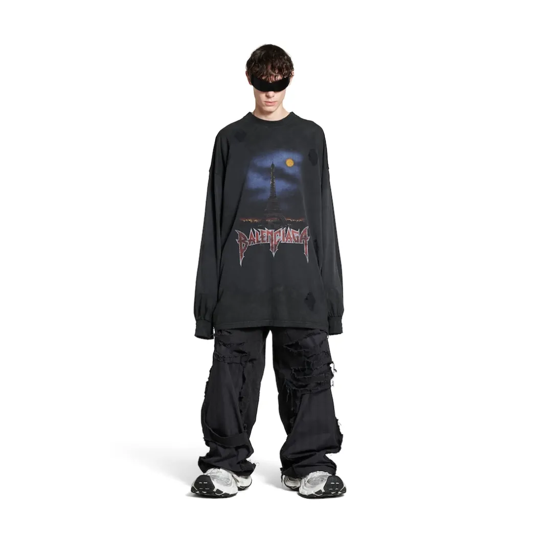 Men's Paris Moon Double Front Long Sleeve T-shirt Oversized in Black