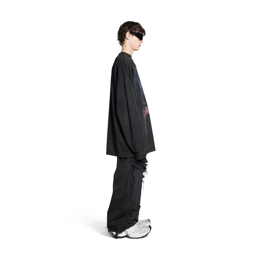 Men's Paris Moon Double Front Long Sleeve T-shirt Oversized in Black