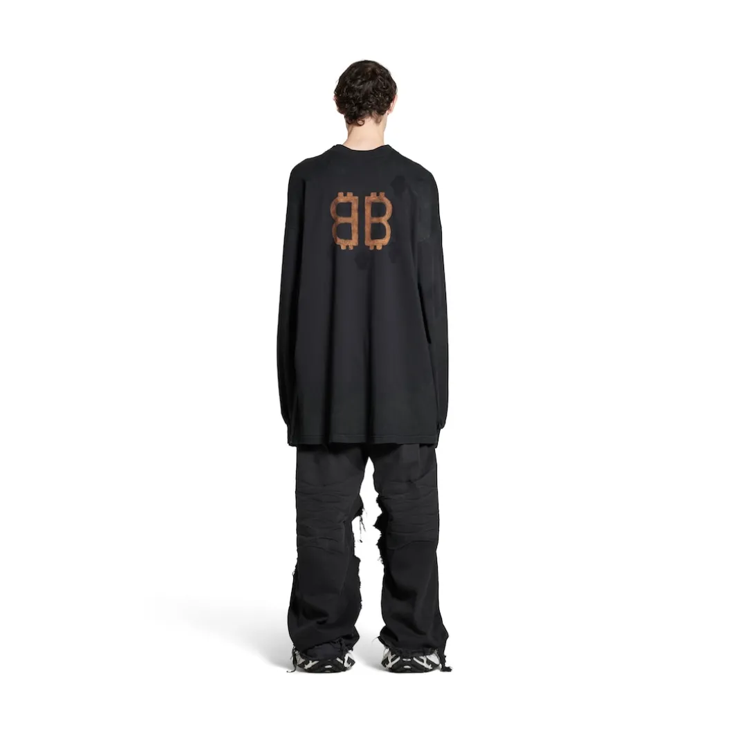 Men's Paris Moon Double Front Long Sleeve T-shirt Oversized in Black