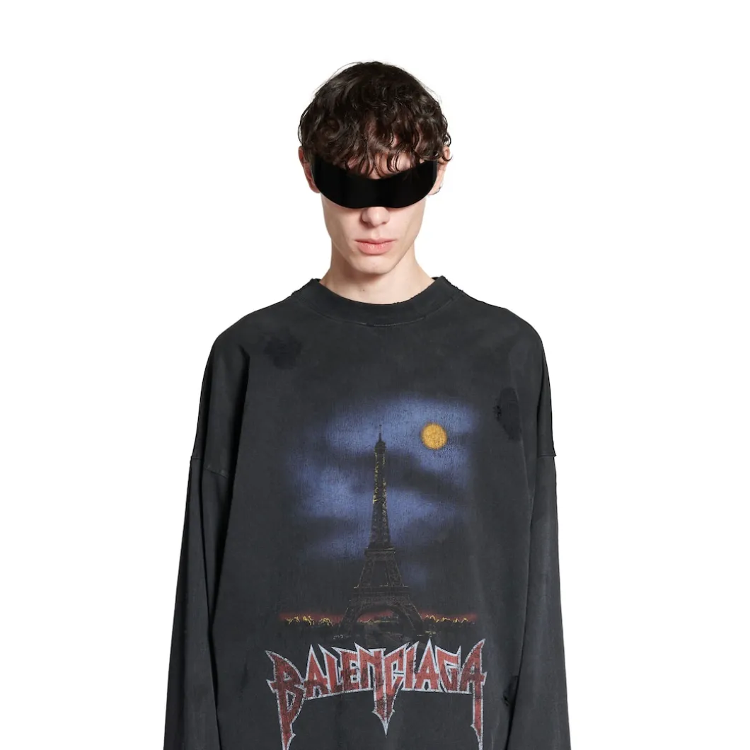 Men's Paris Moon Double Front Long Sleeve T-shirt Oversized in Black