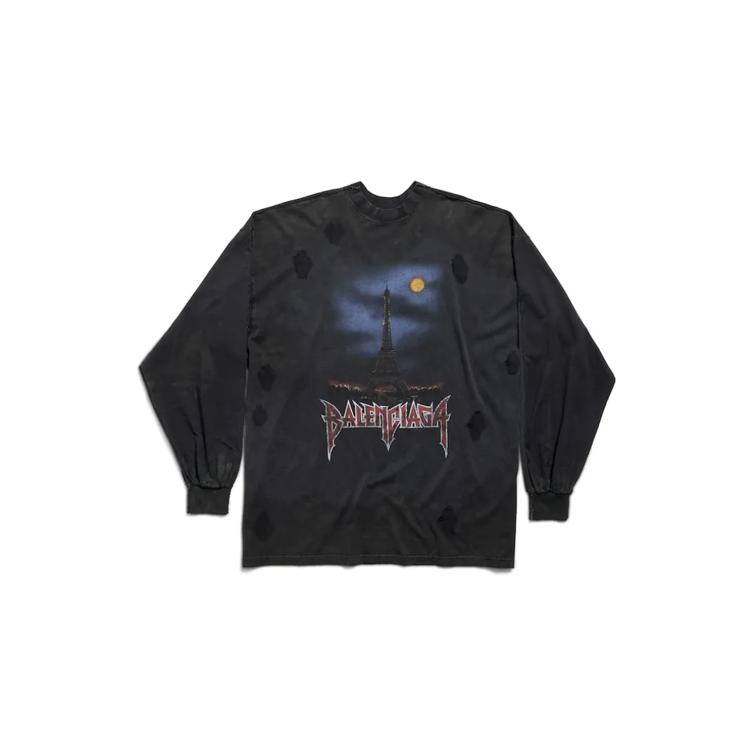Men's Paris Moon Double Front Long Sleeve T-shirt Oversized in Black