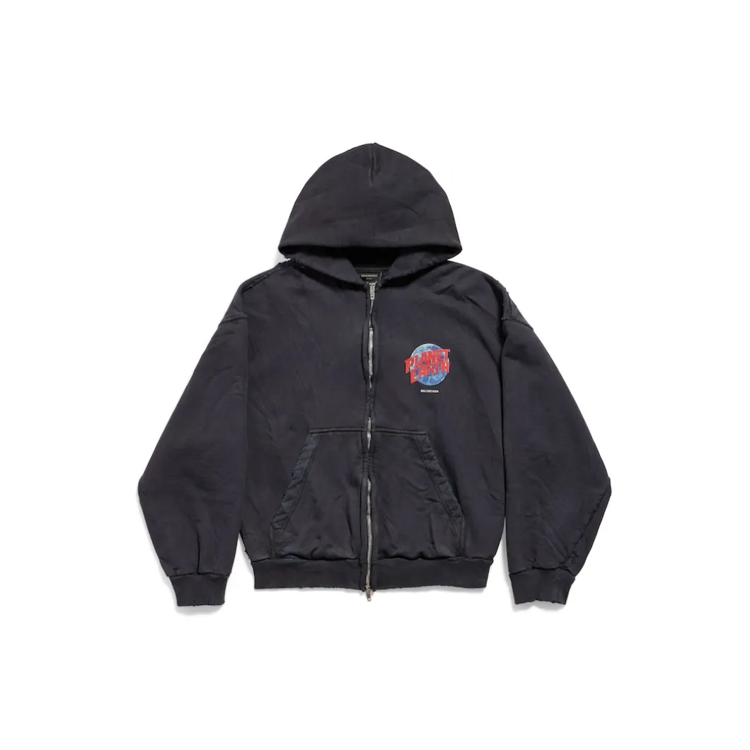 Men's Planet Earth Zip-up Hoodie Regular Fit in Black Faded