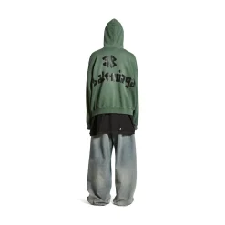 New Tape Type Ripped Pocket Hoodie Large Fit in Dark Green