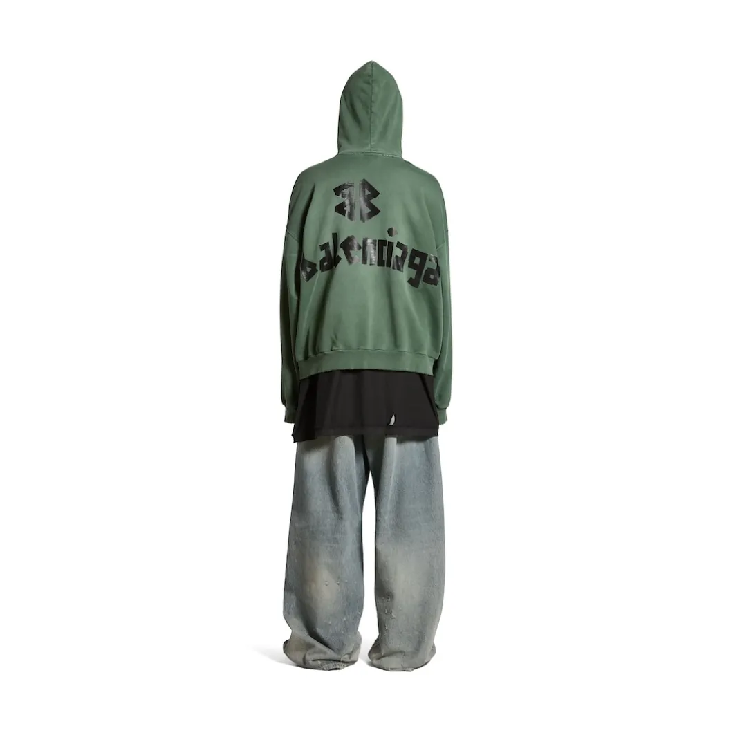 New Tape Type Ripped Pocket Hoodie Large Fit in Dark Green