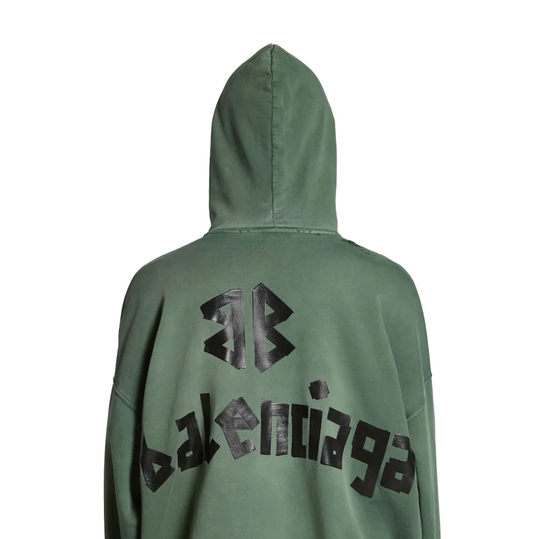 New Tape Type Ripped Pocket Hoodie Large Fit in Dark Green