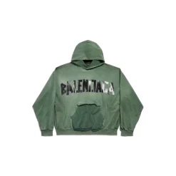 New Tape Type Ripped Pocket Hoodie Large Fit in Dark Green