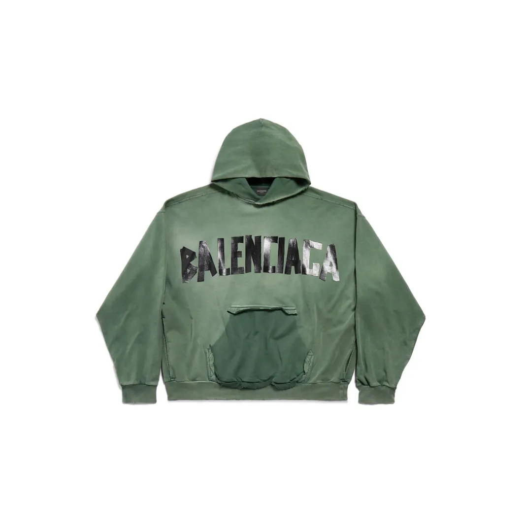 New Tape Type Ripped Pocket Hoodie Large Fit in Dark Green