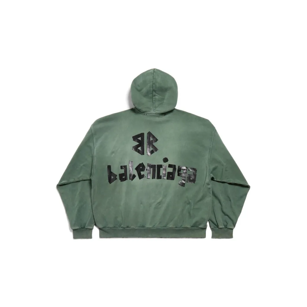 New Tape Type Ripped Pocket Hoodie Large Fit in Dark Green
