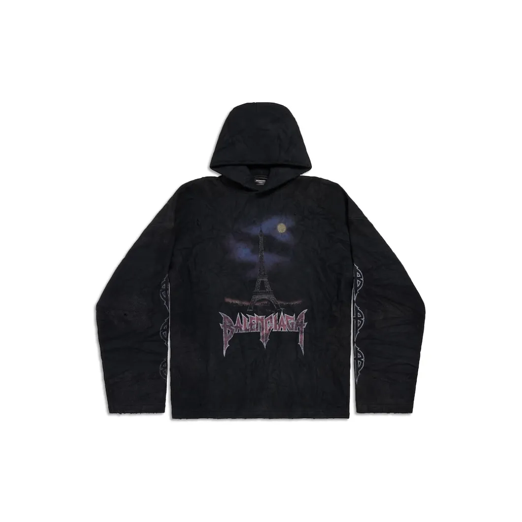 Paris Moon Crinkled Hoodie Large Fit in Black