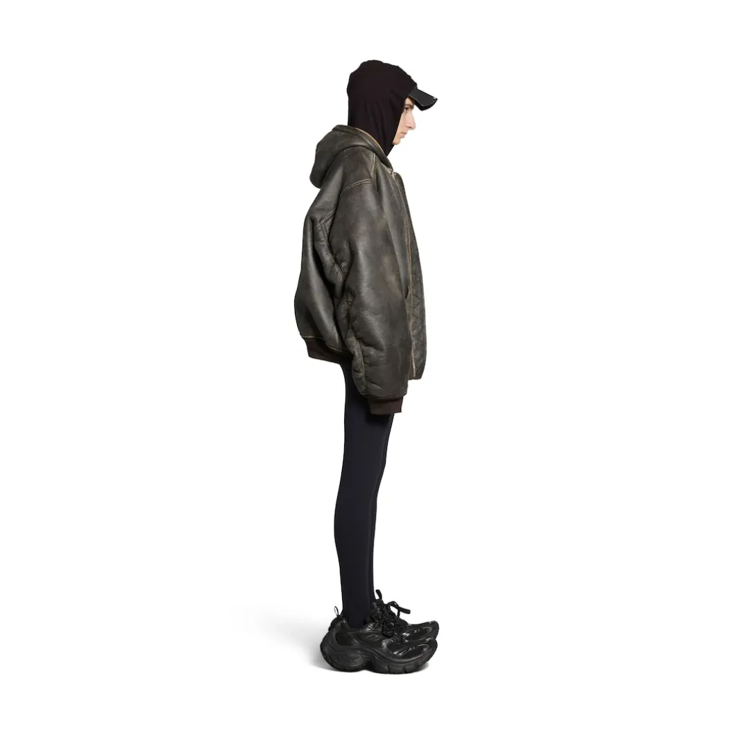 Shearling Zip-up Hoodie Large Fit in Brown