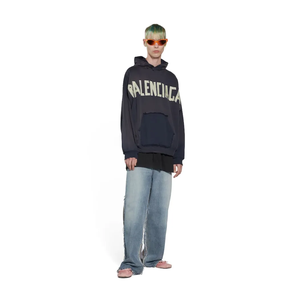 Tape Type Ripped Pocket Hoodie Oversized in Black Faded