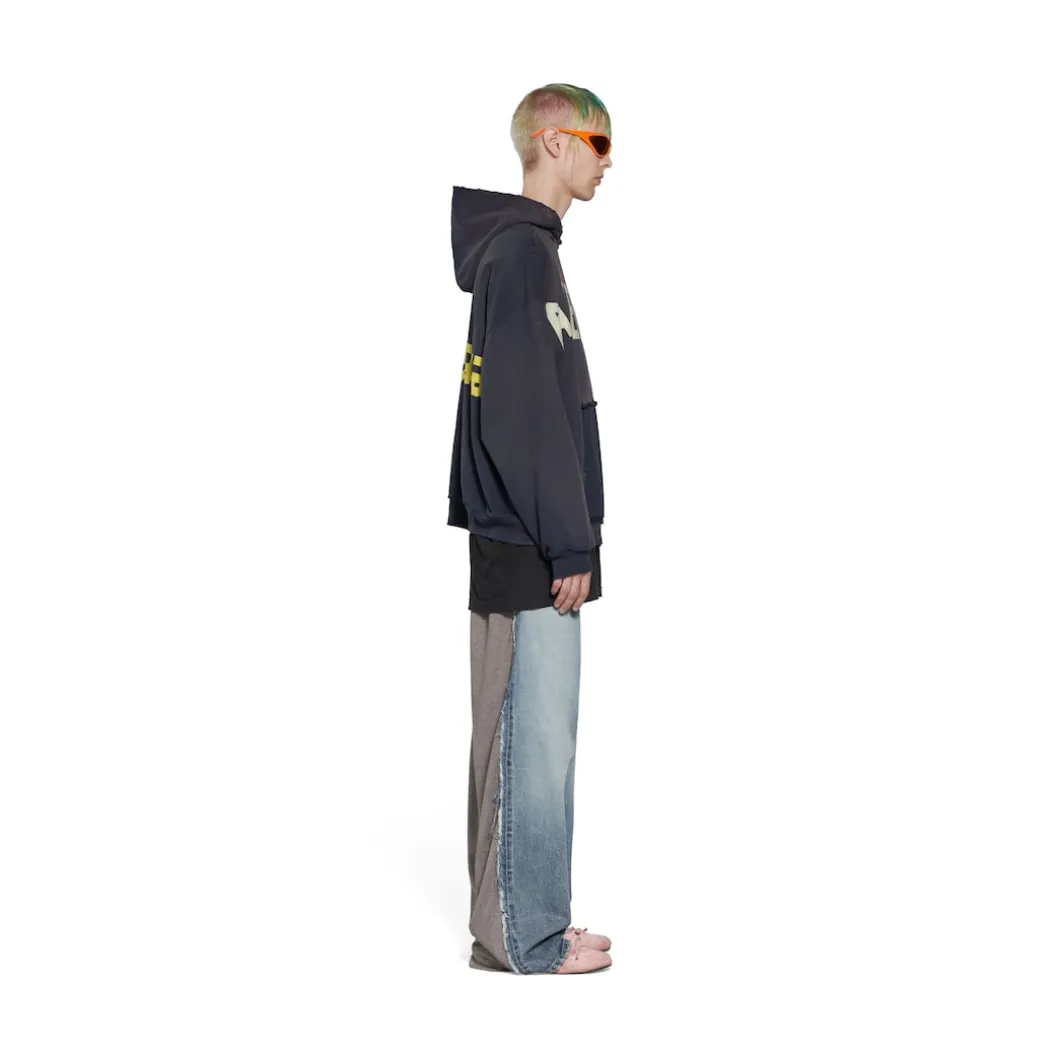 Tape Type Ripped Pocket Hoodie Oversized in Black Faded