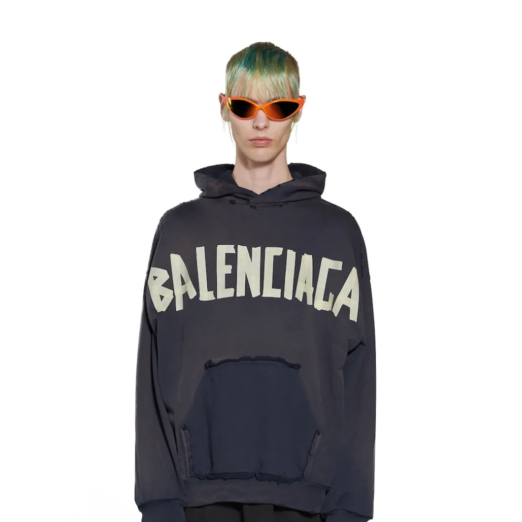 Tape Type Ripped Pocket Hoodie Oversized in Black Faded