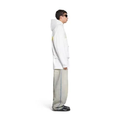 Tape Type Ripped Pocket Hoodie Large Fit in White