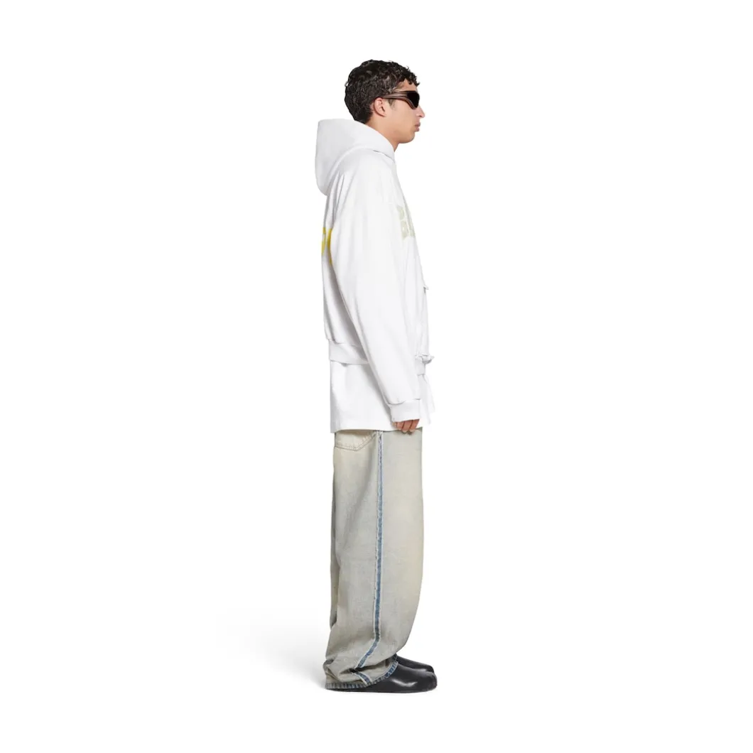 Tape Type Ripped Pocket Hoodie Large Fit in White