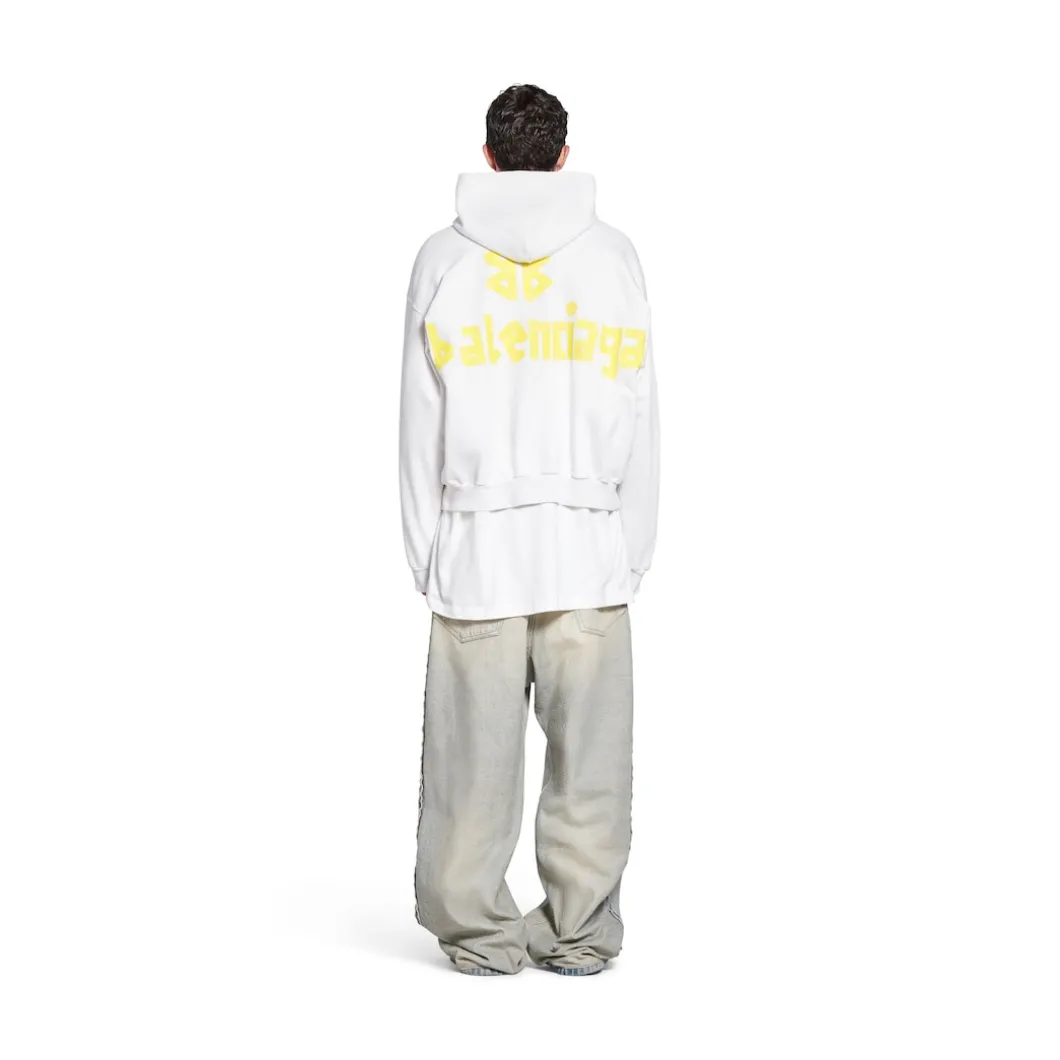 Tape Type Ripped Pocket Hoodie Large Fit in White