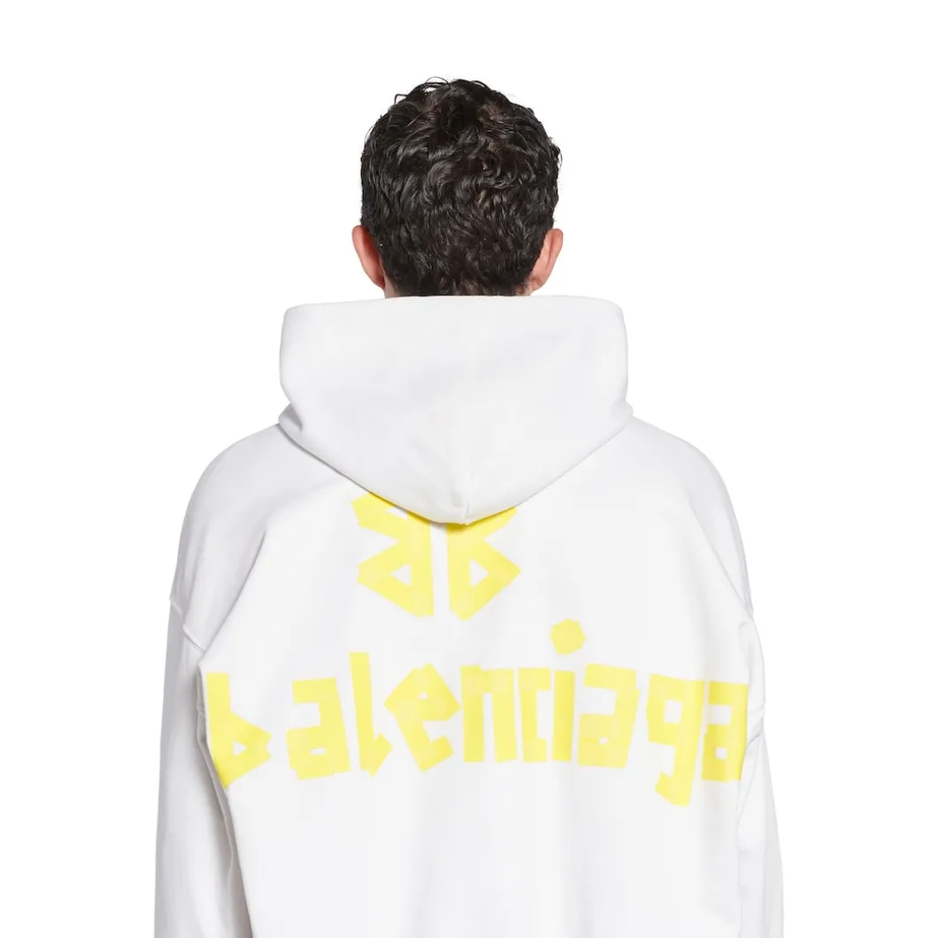 Tape Type Ripped Pocket Hoodie Large Fit in White