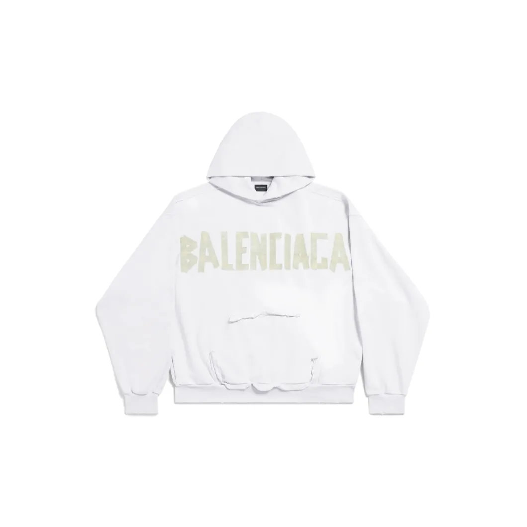 Tape Type Ripped Pocket Hoodie Large Fit in White