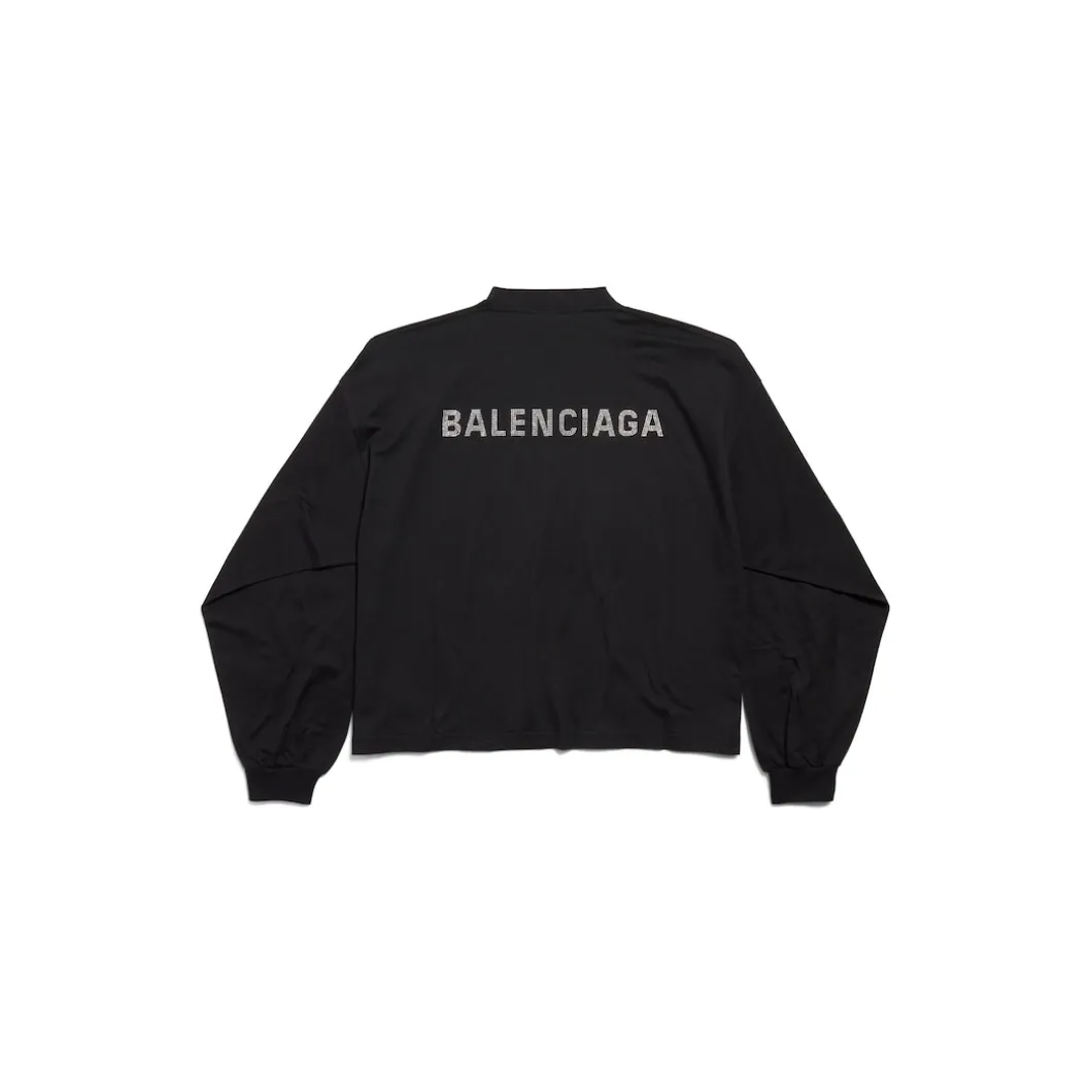 Women's Balenciaga Back Strass Cropped Long Sleeve T-shirt in Black