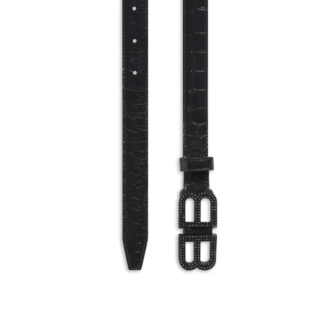 Women's Bb Hourglass Thin Belt Crocodile Embossed With Rhinestones in Black