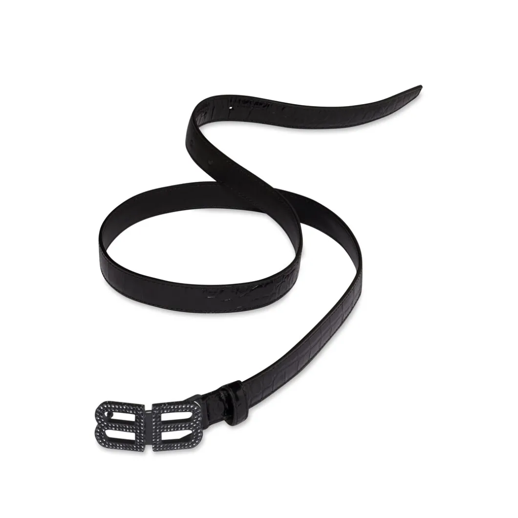 Women's Bb Hourglass Thin Belt Crocodile Embossed With Rhinestones in Black