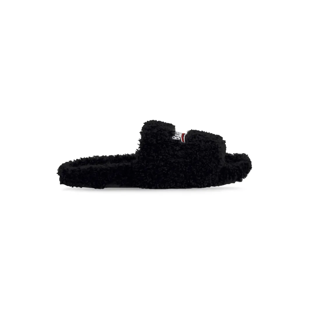Women's Furry Slide Sandal in Black/white/red