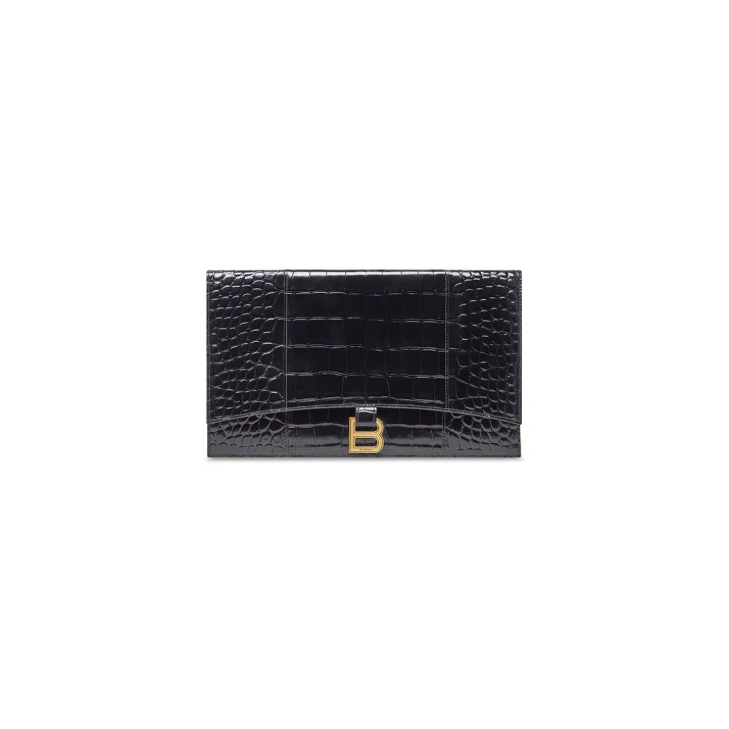 Women's Hourglass Flat Pouch With Flap Crocodile Embossed in Black