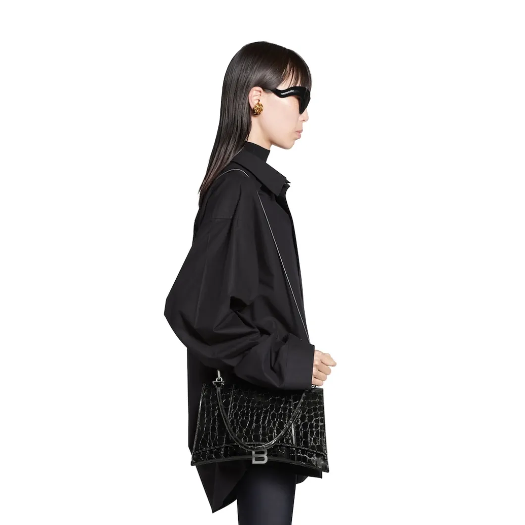Women's Hourglass Hinge Medium Handbag Crocodile Embossed in Black