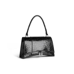 Women's Hourglass Hinge Medium Handbag Crocodile Embossed in Black