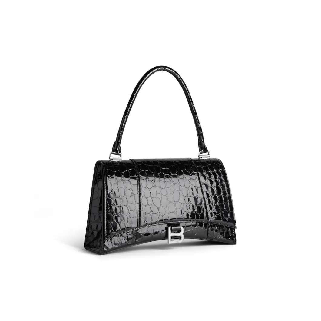 Women's Hourglass Hinge Medium Handbag Crocodile Embossed in Black