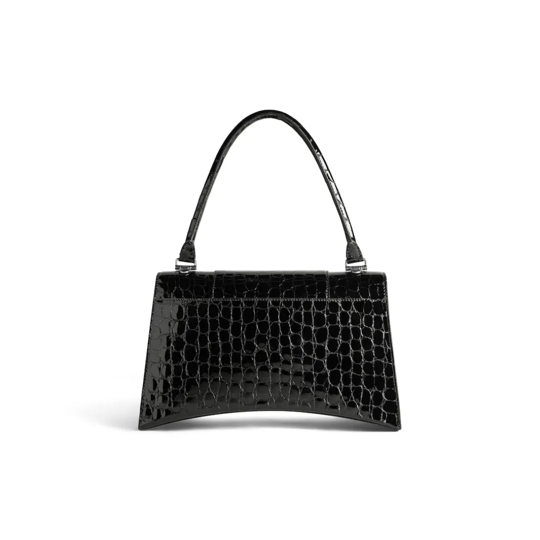 Women's Hourglass Hinge Medium Handbag Crocodile Embossed in Black