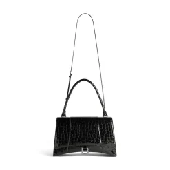 Women's Hourglass Hinge Medium Handbag Crocodile Embossed in Black