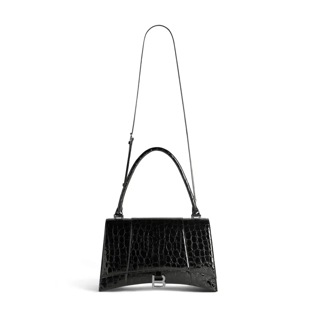 Women's Hourglass Hinge Medium Handbag Crocodile Embossed in Black