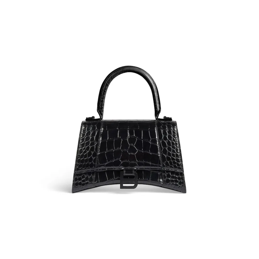 Women's Hourglass Small Handbag Crocodile Embossed in Black