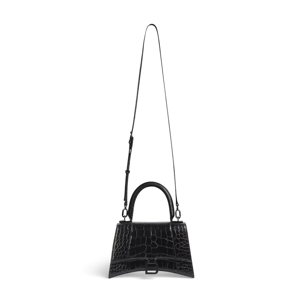 Women's Hourglass Small Handbag Crocodile Embossed in Black