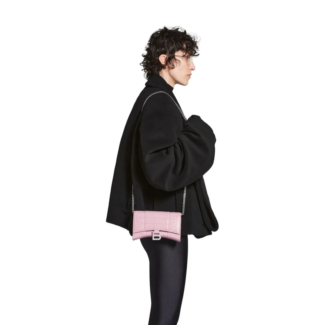 Women's Hourglass Wallet On Chain Crocodile Embossed in Pink