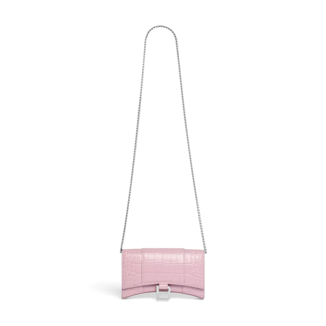 Women's Hourglass Wallet On Chain Crocodile Embossed in Pink