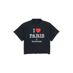 Women's I Love Paris & Balenciaga Cropped T-shirt Oversized in Black Faded