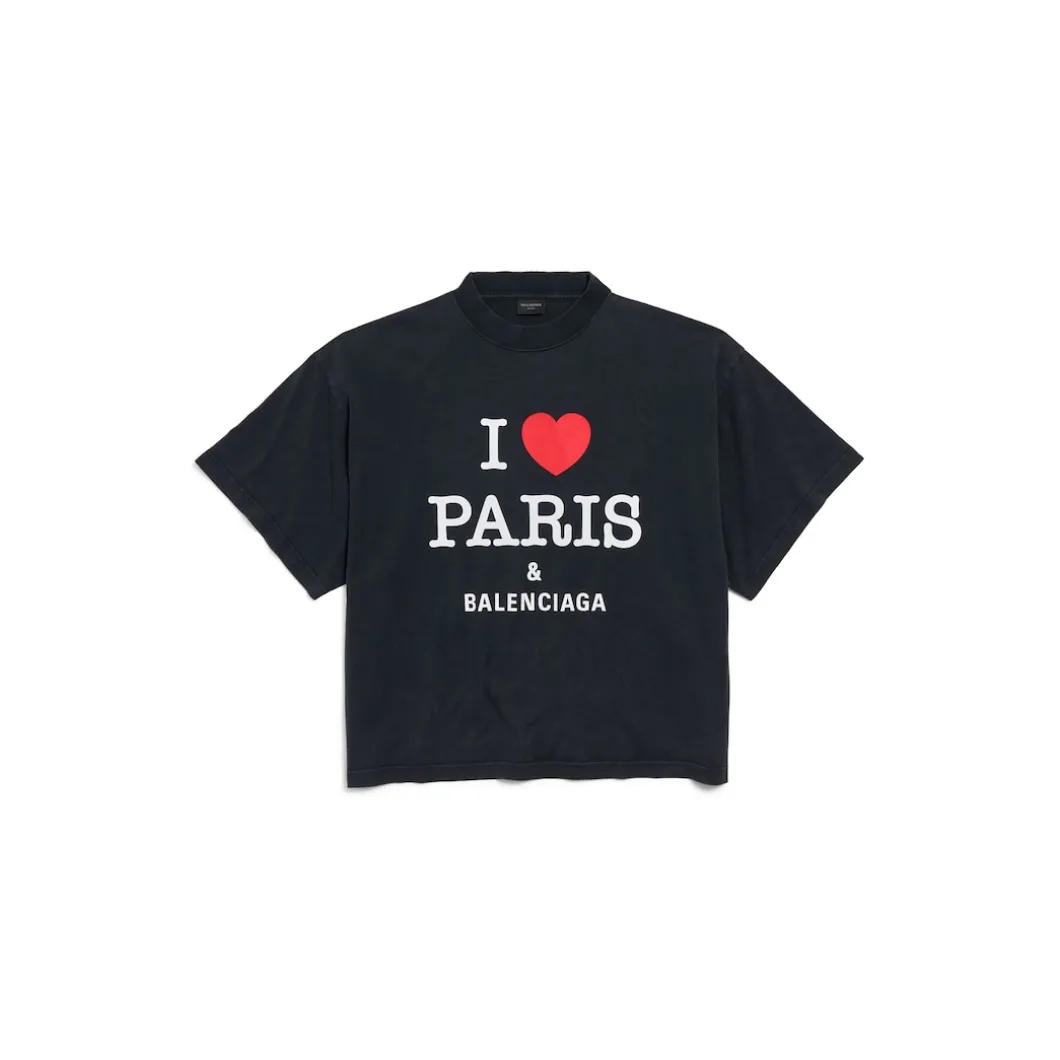 Women's I Love Paris & Balenciaga Cropped T-shirt Oversized in Black Faded