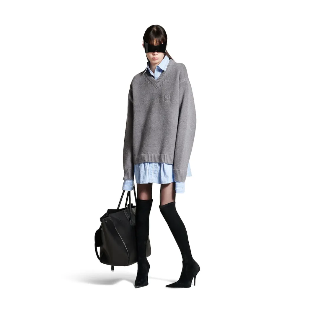 Women's Layered Shirt V-neck Sweater in Grey