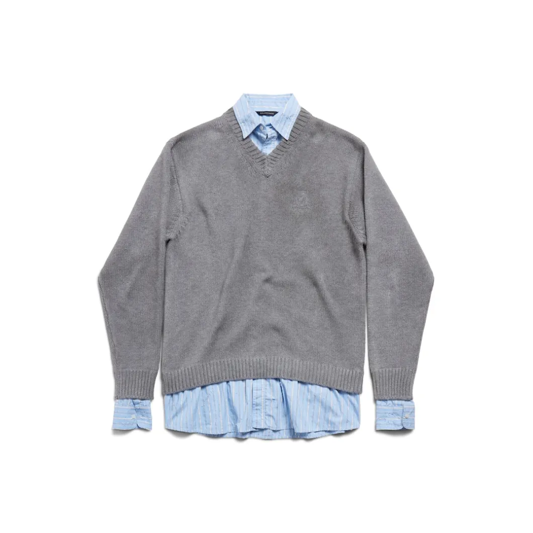 Women's Layered Shirt V-neck Sweater in Grey