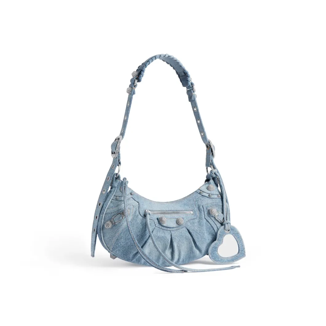 Women's Le Cagole Small Shoulder Bag Denim With Rhinestones in Blue