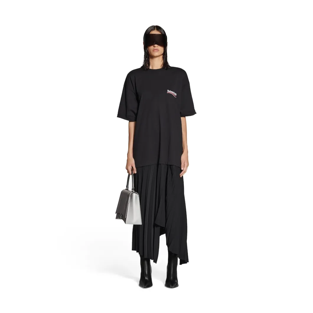 Women's Political Campaign Pleated T-shirt Dress in Black